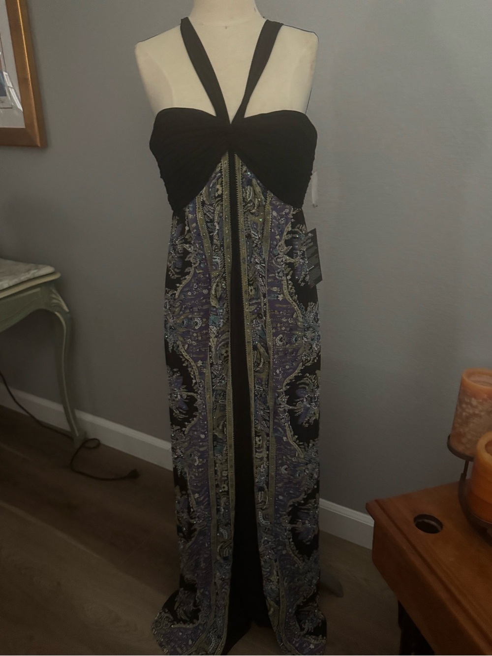 Alex Evenings Black Bodice Purple Paisley Halter Maxi Dress